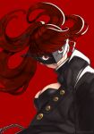  1girl black_coat breasts chains cleavage fumafu hair_ribbon highres long_hair looking_at_viewer mask medium_breasts open_clothes outstretched_arm persona persona_5 persona_5_the_royal ponytail red_background red_eyes red_hair ribbon self_shot simple_background smile solo upper_body yoshizawa_kasumi 