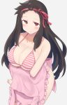  1girl ayame_(senran_kagura) bikini black_hair blush breasts cleavage forehead hair_ornament hair_ribbon highres large_breasts long_hair looking_at_viewer mukuba pout red_eyes ribbon senran_kagura senran_kagura_new_wave solo swimsuit 