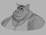  anthro chubby_cheeks clothed clothing domestic_pig double_chin grey_background greyscale grin hair hi_res male mammal monochrome moobs overweight overweight_male simple_background smile solo suid suina sus_(pig) teeth thebluebear27 tusks 