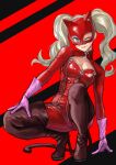  1girl animal_ears blonde_hair blue_eyes bodysuit boots breasts cat_ears cat_tail cleavage earrings full_body gloves high_heel_boots high_heels highres jewelry kilye_4421 latex latex_bodysuit lips long_hair looking_at_viewer mask medium_breasts parted_lips persona persona_5 pink_gloves red_bodysuit red_footwear shiny shiny_clothes simple_background skin_tight smile solo squatting tail takamaki_anne thigh_boots thighhighs twintails 