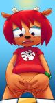  2019 anthro bluebee blush bottomless bovid caprine clothed clothing color_edit colored edit female fur hair hi_res horn lammy_lamb mammal orange_fur parappa_the_rapper pussy red_hair sheep simple_background solo sr um_jammer_lammy video_games 