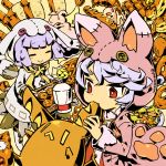  2girls animal_hood bread bunny_hood button_eyes cat cat_hood cel_shading creature eating food hood lavender_hair multiple_girls original red_eyes short_hair yakitatepannomimi 