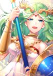  1girl :d bangs bare_shoulders blue_eyes bracelet bracer breasts circlet collarbone dress eyebrows_visible_through_hair goddess green_hair hand_up highres holding holding_staff jewelry kid_icarus long_hair looking_at_viewer medium_breasts neck_ring necklace nintendo open_mouth palutena parted_bangs shield smile solo staff strapless strapless_dress upper_body white_dress yuduki_(tt-yuduki) 