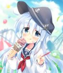  1girl :q amusement_park anchor_symbol balloon black_headwear black_legwear black_sailor_collar blue_eyes blue_hair blue_sky blurry blurry_background carousel closed_mouth cloud commentary_request day depth_of_field double_scoop flat_cap food food_on_face hat head_tilt hibiki_(kantai_collection) highres hizuki_yayoi holding holding_food ice_cream ice_cream_cone ice_cream_on_face kantai_collection long_hair long_sleeves looking_at_viewer neckerchief outdoors red_neckwear roller_coaster sailor_collar school_uniform serafuku shirt silver_hair sky smile solo spoon tongue tongue_out upper_body very_long_hair white_shirt 
