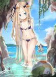  1girl abigail_williams_(fate/grand_order) ball beachball bikini black_hair blonde_hair blue_bikini blue_bow blue_sky blurry blurry_foreground blush bow breasts brown_footwear cloud collarbone commentary_request day depth_of_field fate/grand_order fate_(series) hair_bow high_heels holding horizon leaning_forward long_hair navel ocean one_side_up orange_bow outdoors parted_lips pixiv_fate/grand_order_contest_2 purple_bow sandals sandals_removed signature sky small_breasts solo_focus standing swimsuit tyone very_long_hair wading water 