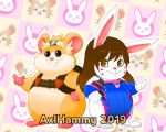  2019 5:4 axlhammy belly big_belly blizzard_entertainment buckteeth chubby_cheeks clothed clothing cricetid d.va d.va_(overwatch) duo female focus front_view fur hair hammond hammond_(overwatch) hamster lagomorph leporid male male/female mammal obese obese_male overwatch overweight overweight_male partially_clothed rabbit rodent sitting slightly_chubby smile solo teeth topwear video_games 