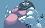  16:10 anthro apron batter belly big_belly big_butt bowl butt chubby_cheeks clothing cooking felid fur hi_res holding_object lion male mammal mane moobs naked_apron obese obese_male open_mouth open_smile overweight overweight_male pantherine saintdraconis smile solo 