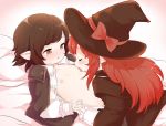  2girls black_hair blush done_(donezumi) eyes_closed female flat_chest hat interlocked_fingers licking long_hair multiple_girls nipple_licking nipples on_bed open_clothes open_shirt pointy_ears red_hair short_hair tongue tongue_out witch_hat yuri 