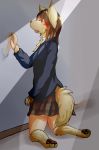  2014 anthro breasts canid canine canis chest_tuft clothed clothing domestic_dog eyes_closed female kneeling mammal mikazuki162 open_mouth pawpads reflection sad school_uniform skirt solo tears transformation tuft uniform 
