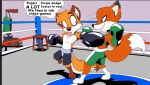  2017 anthro barefoot boxing boxing_gloves bra canid canine chair clenched_teeth clothed clothing dipstick_tail duo english_text female fighting_ring fox fur grin howling-madfoxhatter inside jane_(blu-the-tiger) jion male mammal motion_lines multicolored_tail orange_fur punching_bag shorts smile smirk socks_(markings) sport sports_bra teeth text thinking tongue tongue_out topless underwear 