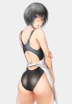 1girl amagami apron ass black_eyes black_hair black_swimsuit bob_cut commentary_request competition_swimsuit cowboy_shot from_behind looking_at_viewer looking_back nanasaki_ai nozomi-y one-piece_swimsuit open_mouth short_hair solo standing swimsuit white_apron 