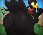  2019 absurd_res anthro anthrofied avian big_breasts big_butt black_feathers bottomless breasts butt butt_focus chocobo clothed clothing dialogue digital_drawing_(artwork) digital_media_(artwork) english_text feathers female final_fantasy glowing glowing_eyes harness hi_res huge_butt looking_at_viewer looking_back miso_souperstar solo square_enix text thick_thighs video_games voluptuous yellow_eyes 