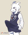  2019 anthro asriel_dreemurr balls blush boss_monster bovid bovine caprine clothed clothing conditional_dnp crybleat digital_media_(artwork) erection erection_under_clothes fur goat horn humanoid_penis long_ears male mammal nipples penis smile solo undertale video_games white_fur 