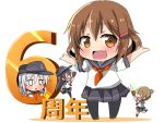  4girls :d akatsuki_(kantai_collection) anchor_symbol bangs black_hair black_legwear blue_sailor_collar blue_skirt blush brown_eyes brown_footwear brown_hair chestnut_mouth chibi commentary_request eyebrows_visible_through_hair hair_between_eyes hair_ornament hairclip hibiki_(kantai_collection) ikazuchi_(kantai_collection) inazuma_(kantai_collection) kantai_collection kneehighs long_hair minigirl multiple_girls open_mouth oshiruko_(uminekotei) outstretched_arms pantyhose parted_lips party_popper pleated_skirt profile red_neckwear sailor_collar school_uniform serafuku shadow shirt short_sleeves silver_hair skirt smile standing standing_on_one_leg streamers very_long_hair white_background white_shirt |_| 