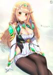  1girl arm_up armor artist_name bangs blonde_hair blush breasts chinchongcha closed_mouth copyright_name dress elbow_gloves gloves hair_ornament headpiece highres hikari_(xenoblade_2) large_breasts long_hair looking_at_viewer nintendo pose sitting skirt smile solo spirit_(super_smash_bros.) super_smash_bros. super_smash_bros._ultimate swept_bangs thighhighs tiara very_long_hair xenoblade_(series) xenoblade_2 yellow_eyes 