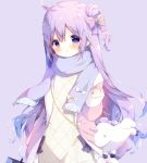  1girl :o animal_bag azur_lane bag bangs blue_scarf blush bow coat commentary_request dress eyebrows_visible_through_hair fringe_trim hair_between_eyes hair_bow hand_up head_tilt long_hair long_sleeves one_side_up open_clothes open_coat parted_lips pink_bow pink_coat purple_background purple_eyes purple_hair scarf shiratama_(shiratamaco) shoulder_bag sidelocks sleeves_past_wrists solo unicorn_(azur_lane) very_long_hair white_bow white_dress yellow_bow 