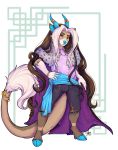  absurd_res anthro blue_hooves blue_horn blue_nose clothed clothing digital_media_(artwork) hi_res hooves horn hybrid red_eyes sharfluffz shariea solo standing 