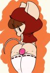  ambiguous_penetration anthro bottomless brown_hair butt cloak clothed clothing dildo eyewear female glasses hair hood legwear looking_back mammal mouse murid murine penetration rear_view red_(vono) rodent sex_toy simple_background solo stockings vono 
