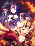  2girls :d absurdres bangs blonde_hair blunt_bangs breasts cleavage cup earrings eyebrows_visible_through_hair fang fangs fate/grand_order fate_(series) floating_hair gloves hakka_(88hk88) highres holding horns ibaraki_douji_(fate/grand_order) japanese_clothes jewelry kimono long_hair looking_at_viewer multiple_girls open_clothes open_kimono open_mouth outstretched_arm outstretched_hand pointy_ears purple_eyes purple_hair purple_kimono red_gloves sakazuki shiny shiny_hair short_hair shuten_douji_(fate/grand_order) sideboob slit_pupils small_breasts smile tattoo very_long_hair yellow_eyes 