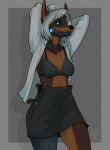  2019 anthro black_nose canid canine canis clothed clothing cybernetics cyborg digital_media_(artwork) dobermann domestic_dog female firetally grey_hair hair hi_res machine mammal pinscher simple_background solo standing 