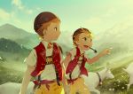  2boys animal arm_grab blonde_hair blue_eyes brown_eyes brown_headwear cloud collared_shirt commentary_request earrings field goat hat jewelry male_focus mountain multiple_boys noeyebrow_(mauve) open_mouth orange_hair original pants pointing pointing_forward red_vest shirt short_sleeves sky smile suspenders swiss_clothes switzerland vest white_shirt wind wing_collar yellow_pants 
