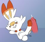  2019 ambiguous_gender animal_genitalia cum digital_media_(artwork) ellistia erection feral foot_fetish footjob fur hi_res lagomorph lying mammal nintendo nude paws penis pok&eacute;mon pok&eacute;mon_(species) scorbunny sex simple_background smile solo_focus toes video_games white_fur 