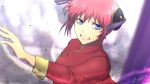  1girl 2019 blue_eyes blurry blurry_background china_dress chinese_clothes clenched_teeth double_bun dress eyebrows_visible_through_hair gintama kagura_(gintama) long_sleeves red_dress red_hair shiny shiny_hair short_hair signature solo teeth upper_body zeroo7x 