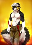  2019 abs anthro armor beretta_fusion canid canine canis clothed clothing costume digital_media_(artwork) firefighter firefighter_uniform fur headgear helmet looking_at_viewer male mammal muscular nanukkluik smile solo standing straps uniform wolf 