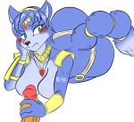  2019 absurd_res blue_fur blue_hair blue_tail blush breasts butt canid canine clothed clothing digital_media_(artwork) duo erection female fox frown fur green_eyes hair handjob hi_res isolatedartest_(artist) krystal long_tail looking_aside male male/female mammal nintendo penile penis sex short_hair simple_background skimpy star_fox video_games white_background 
