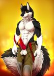  2019 abs animal_genitalia animal_penis anthro armor balls beretta_fusion canid canine canis clothed clothing costume digital_media_(artwork) erection firefighter firefighter_uniform fur knot looking_at_viewer male mammal muscular nanukkluik nude penis smile solo standing straps uniform white_fur wolf 