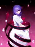  1girl black_ribbon collared_dress dress fate/stay_night fate_(series) gradient gradient_background hair_over_one_eye hair_ribbon highres long_dress long_hair looking_at_viewer matou_sakura musco purple_background purple_eyes purple_hair purple_ribbon rei_no_himo ribbon shiny shiny_hair skirt_hold smile solo standing white_dress white_ribbon wing_collar 