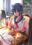  1girl :q bangle blue_bra blue_hair blue_nails blush book bookshelf bra bracelet breasts chair cleavage coffee collarbone cup curtains day demon_girl demon_horns demon_tail demon_wings eraser haowei_wu highres horns id_card indoors jewelry large_breasts light_rays looking_at_viewer low_wings marker mole mole_under_eye nail_polish neckerchief note on_chair open_book pen pink_neckwear pink_wings purple_eyes saucer see-through shirt short_hair sitting sleeveless sleeveless_shirt smile solo sunbeam sunlight table tail tongue tongue_out underwear watch white_shirt wings wristwatch 