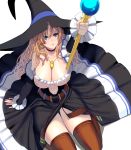  1girl arm_up belt blue_eyes breasts brown_legwear choker cleavage commentary_request earrings gem hat highres huge_breasts jewelry light_brown_hair long_hair loose_belt masao navel nipples original over-kneehighs pendant reaching_out ring see-through sitting solo staff thick_thighs thigh_gap thighhighs thighs wariza witch witch_hat 