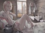  1girl absurdres barefoot bed blonde_hair blue_eyes blurry braid depth_of_field feet full_body highres indoors legs russia soles thighs toes traditional_clothes window 