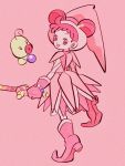  1girl bangs double_bun eighth_note from_behind full_body gloves harukaze_doremi hat highres holding looking_at_viewer looking_back musical_note ojamajo_doremi open_mouth pink_background pink_footwear pink_gloves red_hair simple_background smile solo uzuta 
