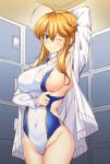  1girl ahoge areola_slip areolae arm_behind_head arm_up artoria_pendragon_(all) artoria_pendragon_(lancer) bangs blue_eyes blue_swimsuit blush braid breasts cleavage closed_mouth colored_eyelashes commentary_request competition_swimsuit contemporary cowboy_shot erect_nipples fate/grand_order fate_(series) french_braid hair_between_eyes highleg highleg_swimsuit highres indoors jacket large_breasts looking_at_viewer navel one-piece_swimsuit one_eye_closed open_clothes open_jacket see-through shirokuma_a sidelocks skindentation smile solo swept_bangs swimsuit swimsuit_pull thighs track_jacket wet white_jacket white_swimsuit 