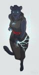  2019 5_fingers 5_toes amulet anthro black_claws black_fur black_nose black_tail blue_eyes claws clothed clothing digital_media_(artwork) felid female fighting_stance front_view fully_clothed fur grey_background hi_res lightning looking_at_viewer magic magic_user mammal melanistic on_one_leg pantherine requiembeatz simple_background solo standing toe_claws toes 
