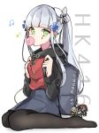  1girl 404_(girls_frontline) alternate_costume alternate_hairstyle aogisa backpack bag bubble_blowing chewing_gum doll earphones g11_(girls_frontline) girls_frontline green_eyes hk416_(girls_frontline) long_hair pantyhose ponytail silver_hair solo ump45_(girls_frontline) ump9_(girls_frontline) 