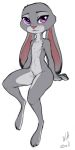  2019 anthro barely_visible_genitalia barely_visible_pussy cheek_tuft chest_tuft countershade_torso countershading dipstick_ears disney female flat_chested judy_hopps lagomorph leporid looking_at_viewer mammal nude purple_eyes pussy rabbit signature simple_background sitting solo tuft w4g4 white_background zootopia 
