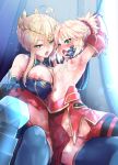  2girls areolae arms_up artoria_pendragon_(all) artoria_pendragon_(lancer) bare_shoulders bdsm blonde_hair blue_gloves blush braid breasts chain chained chains commentary_request crown cum cum_in_mouth cum_on_body cum_on_lower_body detached_sleeves eyebrows_visible_through_hair fate_(series) futanari gloves green_eyes hair_ornament hair_scrunchie heart heart-shaped_pupils highres incest large_breasts looking_at_viewer mordred_(fate) mordred_(fate)_(all) mozu_(peth) multiple_girls navel nipples no_panties open_mouth perky_breasts ponytail puffy_nipples red_scrunchie red_sleeves scrunchie short_hair small_breasts symbol-shaped_pupils tongue tongue_out 