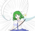  1girl :d collared_shirt commentary emphasis_lines frog_hair_ornament gohei green_eyes green_hair hair_ornament highres kochiya_sanae long_hair looking_at_viewer open_mouth shirt sifserf simple_background sleeveless sleeveless_shirt smile snake_hair_ornament solo sparkle star star-shaped_pupils symbol-shaped_pupils touhou upper_body white_background 