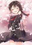  1girl ahoge bag black_coat black_hair black_serafuku braid camera cherry_blossoms coat cowboy_shot eyes_closed facing_viewer hair_flaps hair_ornament hair_over_shoulder hair_ribbon kantai_collection long_hair naoto_(tulip) neckerchief open_mouth red_neckwear remodel_(kantai_collection) ribbon school_uniform serafuku shigure_(kantai_collection) single_braid smile solo 