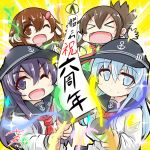  &gt;_&lt; 4girls akatsuki_(kantai_collection) anchor_symbol anniversary badge banner black_sailor_collar blue_eyes brown_hair copyright_name flat_cap folded_ponytail hair_between_eyes hair_ornament hairclip hat hibiki_(kantai_collection) ikazuchi_(kantai_collection) inazuma_(kantai_collection) kantai_collection long_hair long_sleeves looking_at_viewer multiple_girls neckerchief nyonyonba_tarou one_eye_closed open_mouth party_popper purple_eyes purple_hair red_neckwear sailor_collar school_uniform serafuku shirt short_hair silver_hair smile upper_body white_shirt 