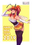  2019 animal_humanoid armwear arthropod arthropod_humanoid breasts bridal_gauntlets cleavage clothed clothing doctorzexxck female green_eyes hair hi_res holidays humanoid insect insect_humanoid legwear medium_breasts miniskirt new_year orange_hair ponytail skirt solo thigh_highs 