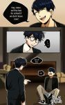  2boys ^_^ amamiya_ren black_hair closed_eyes comic english_text eyes_closed fang glasses highres hourglass34 male_focus morgana_(persona_5) multiple_boys opaque_glasses persona persona_5 persona_5_the_royal pointing shoes shuujin_academy_uniform signature smile sneakers tan_pants 