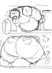  2018 angry anthro araiguma_11 big_butt black_and_white blush butt clothed clothing digital_media_(artwork) fur huge_butt japanese_text male mammal monochrome muscular open_mouth overweight pants shirt solo speech_bubble stuck sweat text topwear translation_request ursid window 