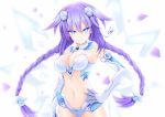  1girl armor bare_shoulders bikini_armor blue_eyes braid breasts cleavage cundodeviant detached_collar elbow_gloves gloves hair_ornament highres large_breasts long_hair looking_at_viewer midriff navel neptune_(series) purple_hair purple_heart sidelocks signature smile solo twin_braids white_gloves 