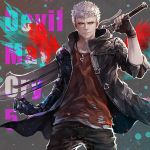  1boy black_gloves blue_coat blue_eyes bracelet closed_mouth coat collarbone devil_may_cry devil_may_cry_5 english_text fingerless_gloves gloves highres holding holding_sword holding_weapon jewelry male_focus mechanical_arm necklace nero_(devil_may_cry) paint_splatter red_shirt senano-yu shirt sleeves_rolled_up smile solo sword torn_clothes weapon white_hair zipper 