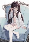  1girl bra breasts brown_hair chair grey_eyes hair_grab highres lingerie long_hair looking_at_viewer luicent navel no_pants no_shoes open_clothes open_shirt original panties shirt sitting small_breasts solo thighhighs underwear white_bra white_legwear white_panties white_shirt 