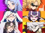  adjusting_eyewear black_hair blonde_hair blue_eyes blue_hair braid brynhildr_(fate) caster earrings eyebrows_visible_through_hair face facial_mark fangs fate/grand_order fate_(series) forehead_mark glasses grin heterochromia jewelry karna_(fate) looking_at_viewer meiji_ken mordred_(fate) mordred_(fate)_(all) open_mouth pointy_ears purple_eyes semi-rimless_eyewear sesshouin_kiara shuten_douji_(fate/grand_order) side_braid signature smile sunglasses thumbs_up wavy_hair white_hair yellow_eyes 